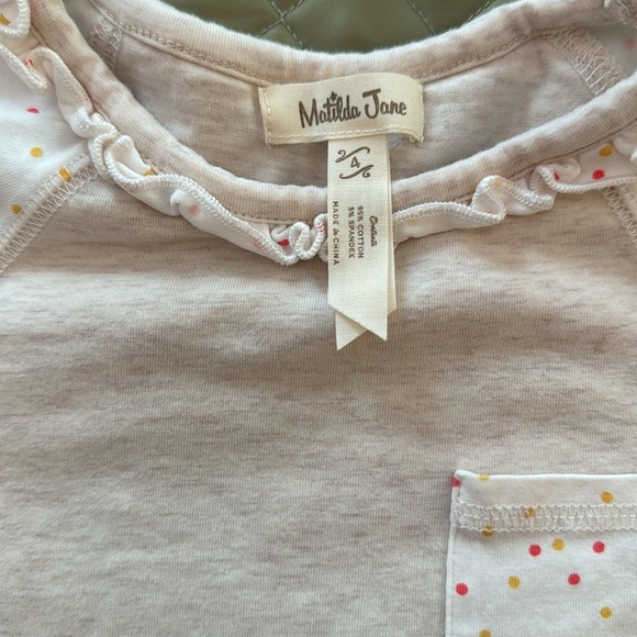 Girls MJ cotton tee with ruffle trim collar, and polka dot sleeves/ pocket - Picture 3 of 5
